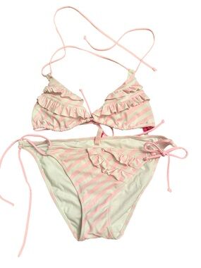 Women’s Victoria’s Secret Pink & White Striped Ruffle String Bikini Set Size M